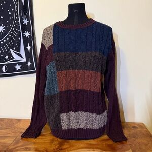 VTG Style Cable Knit Patchwork Color Block Sweater Size M/L Chunky Heavyweight